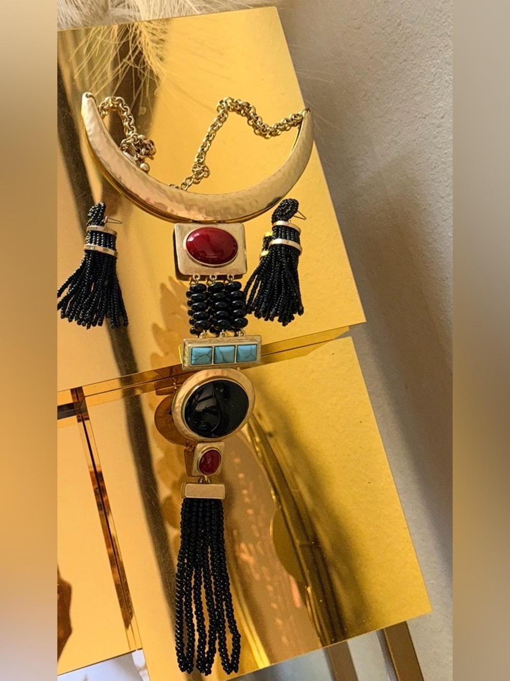 Chico’s Gold Tone Statement Necklace Earrings Set Black Red Turquoise - Picture 6 of 10